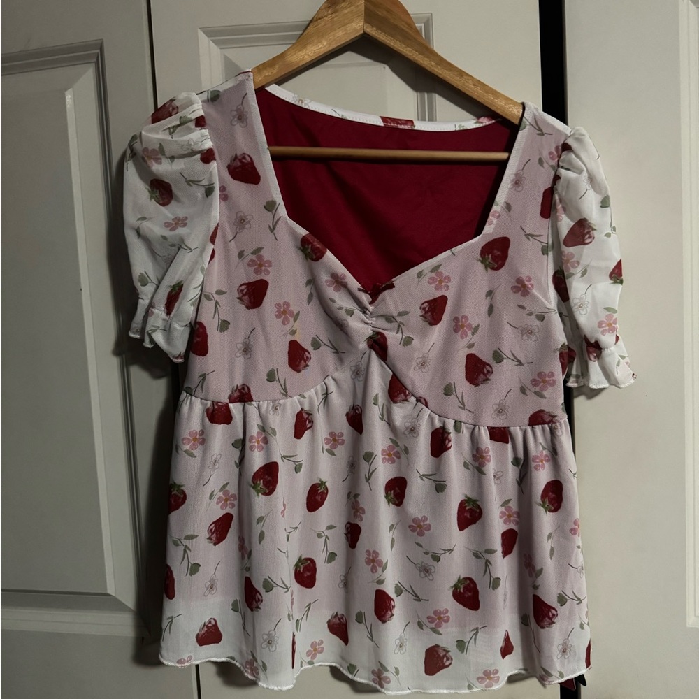 ROMWE Floral Puff Sleeve Blouse - White and Red